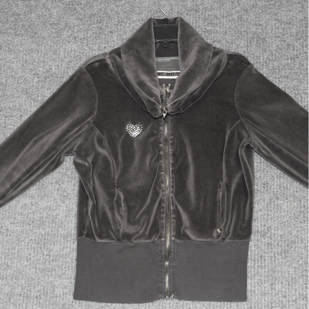Twisted Heart Brown Velour Zip Up Jacket Heart Rhinestone Womens S‎ High Neck
